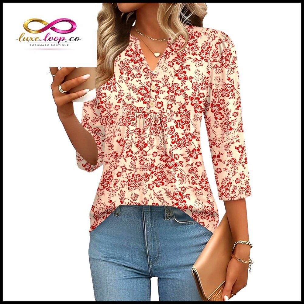 3/4 Sleeve Henley V-Neck Blouse, Pleated Loose Fit Top for Work Casual